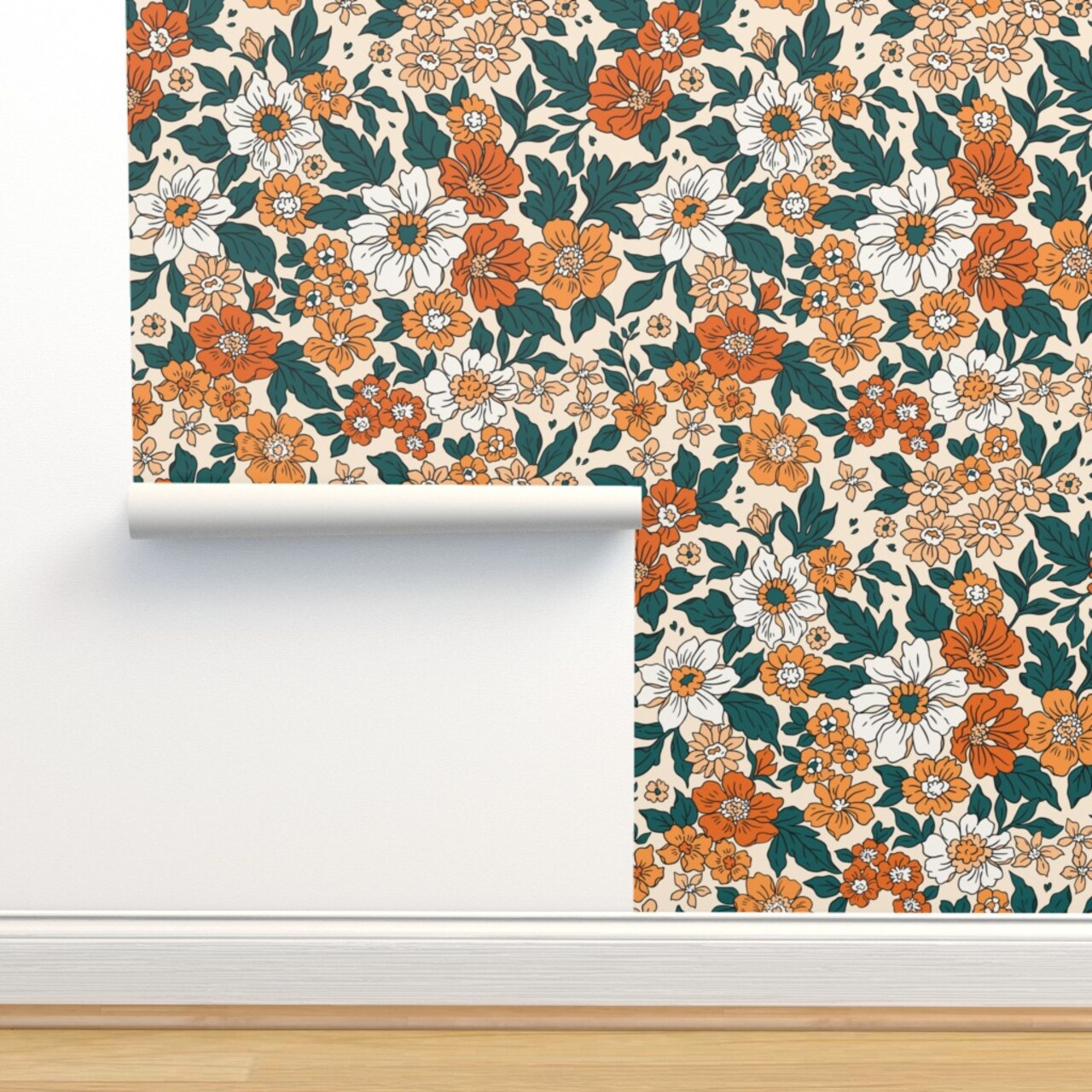 Tropical Flowers Botanical Retro Mid Century Large Scale Floral Custom Removable Wallpaper by Spoonflower Peel & Stick Wallpaper 2FT Wide